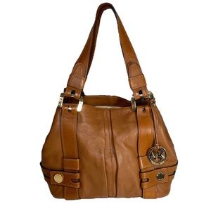 Michael Kors Leather Harness Luggage Grab Bag Satchel Tote Whiskey Brown Gold